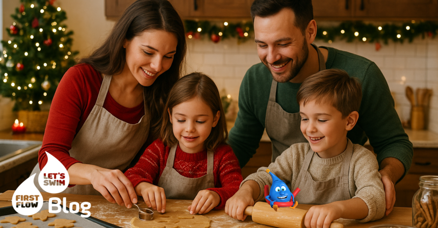 Familie backt gemeinsam Weihnachtsguetzli in der Küche, Kinder und Eltern gestalten die Adventszeit entspannt und fröhlich.