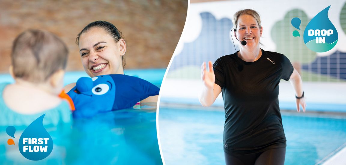 Kursleiterin im Babyschwimmen und Kursleiterin der Wassergymnastik im Wasser; Darstellung der Angebote First Flow und Drop In.